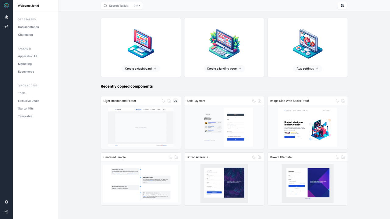 Tailkit's web application dashboard