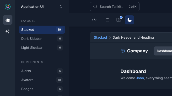 Tailkit's web application in dark mode