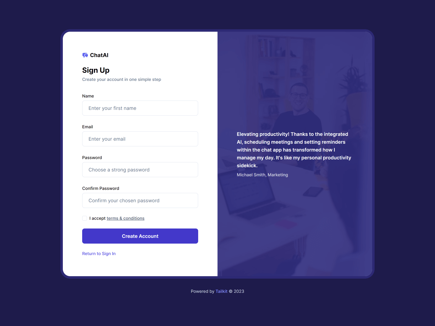 Screenshot preview of Sign Up